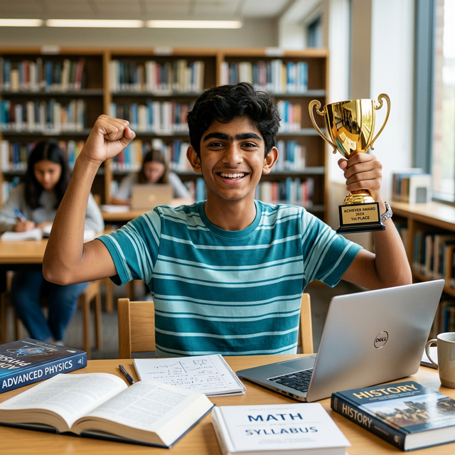 Student Celebrating Success with Trophy